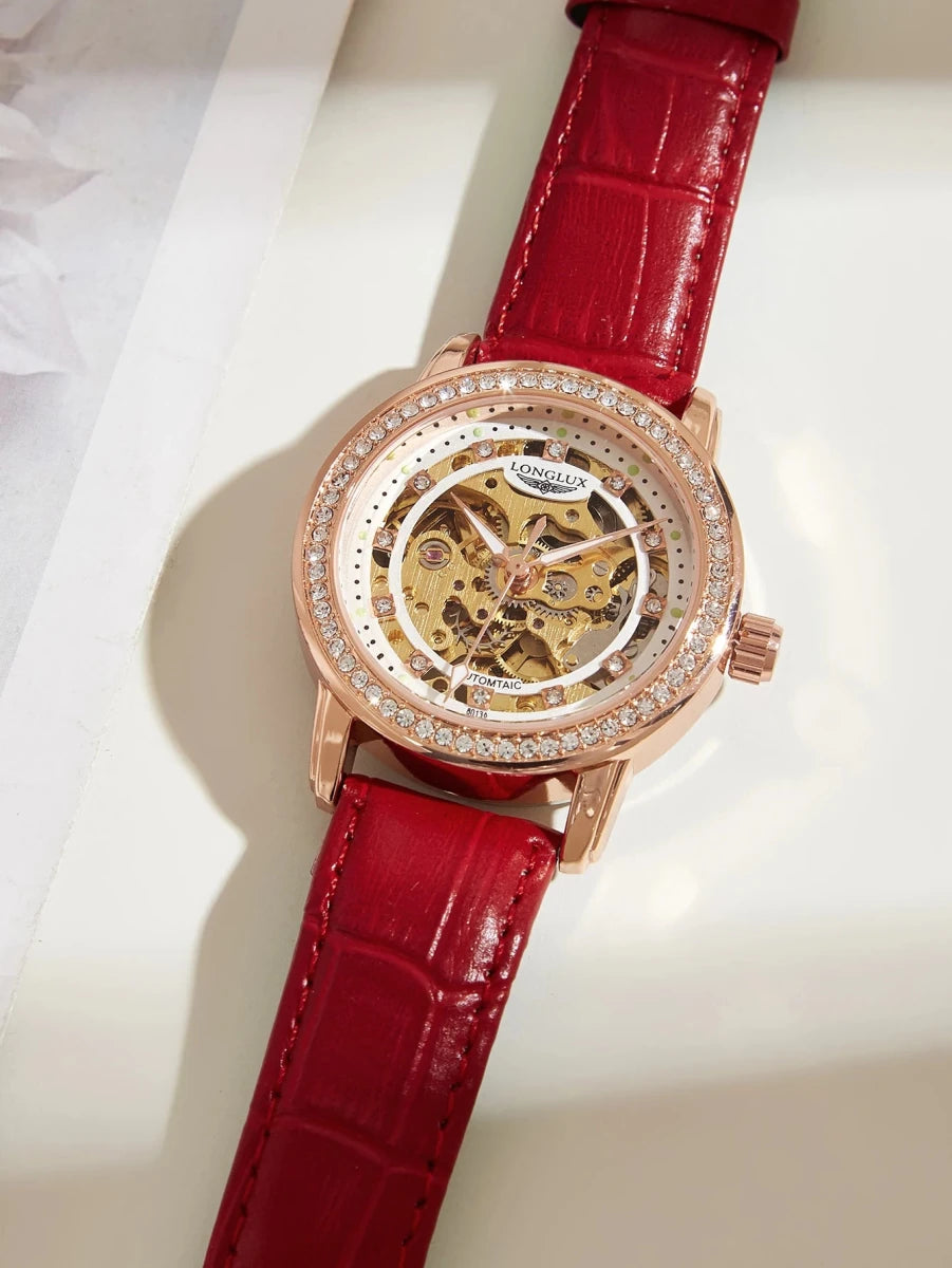 Women automatic watch elegant diamond skeleton fashion cute mechanical watches leather dainty waterproof luxury gifts - Buy That Thang