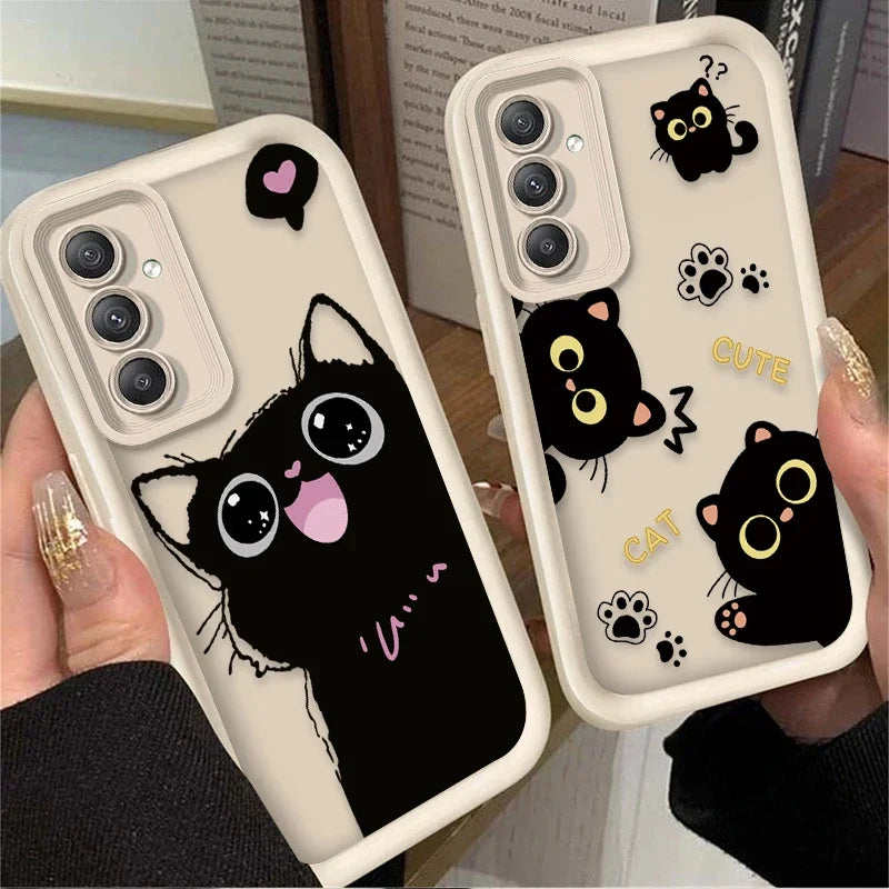 Lovely Black Cat Love Heart Phone Case For Samsung Galaxy A14 A15 5G S21 S22 S23 S24 FE Plus Ultra A25 A35 A52 A53 A54 A55 Cover