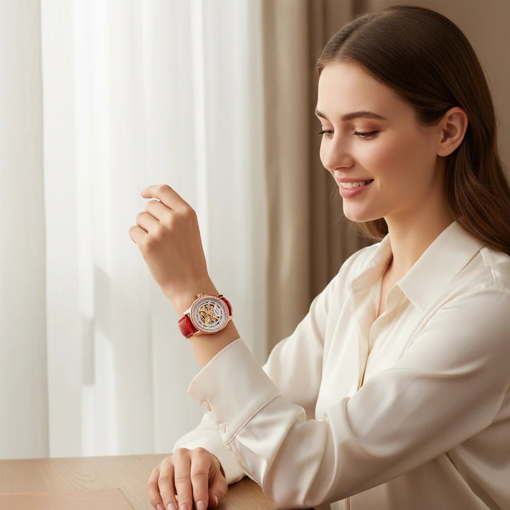 Women automatic watch elegant diamond skeleton fashion cute mechanical watches leather dainty waterproof luxury gifts - Buy That Thang