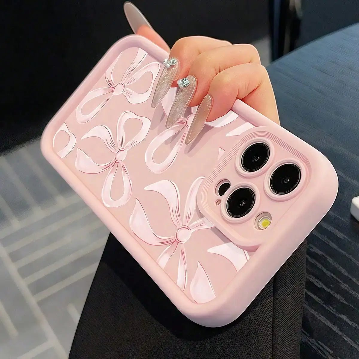 1 Piece Pink Straight Edge Step Pattern Bow Design Protective Phone Case for iPhone 11 12 13 14 15 16 17Pro Max Plus - Buy That Thang