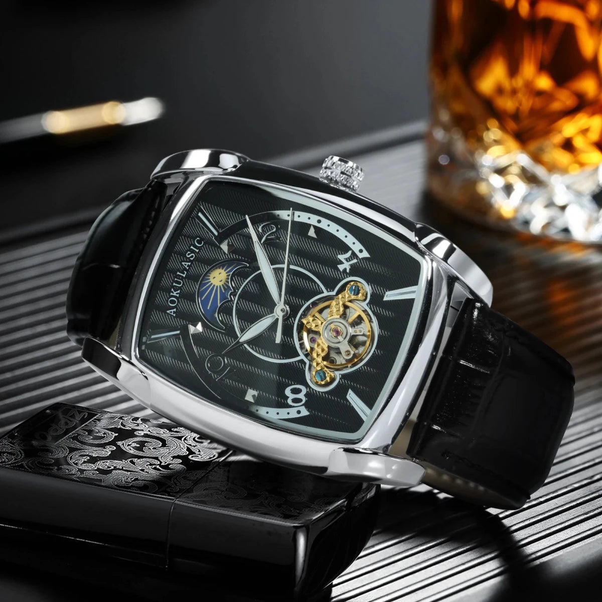 Moon Phase Automatic Watch for Men Luxury Brand Tourbillon Skeleton Mechanical Watch Leather Belt - Buy That Thang