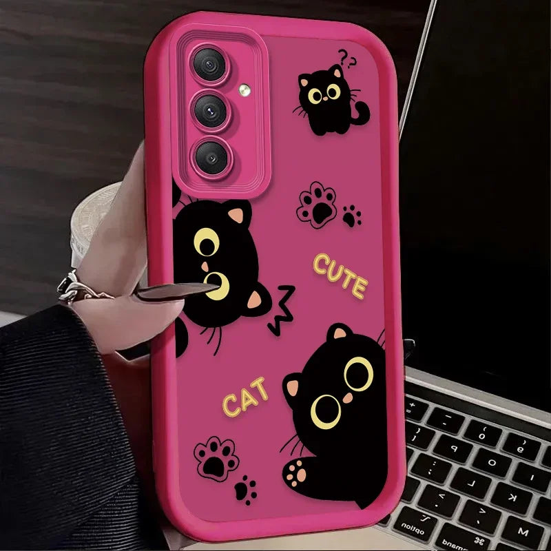 Lovely Black Cat Love Heart Phone Case For Samsung Galaxy A14 A15 5G S21 S22 S23 S24 FE Plus Ultra A25 A35 A52 A53 A54 A55 Cover