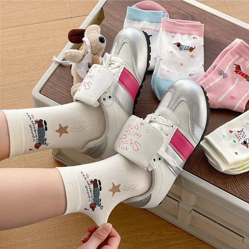 Cartoon Dachshund Women's Mid-Calf Socks Spring Summer Cotton Kawaii Cute Crew Socks Trendy Fashion Novelty Socks for Girls