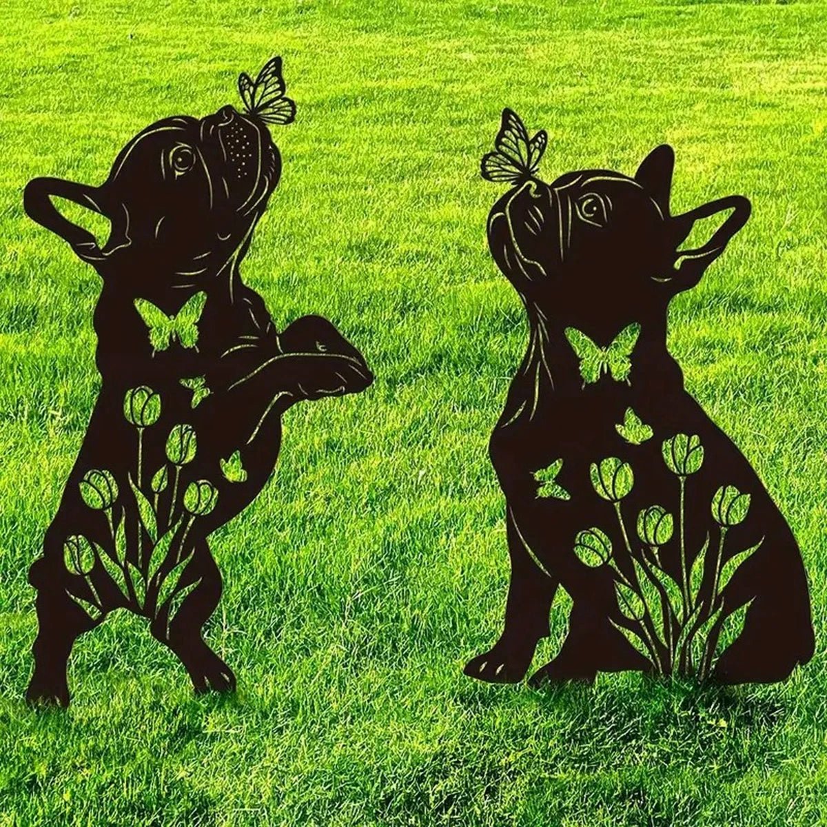 Set of 2 Rustic Metal Garden Stakes with Intricate Butterfly and Dog Silhouettes for Outdoor Yard Decor - Buy That Thang