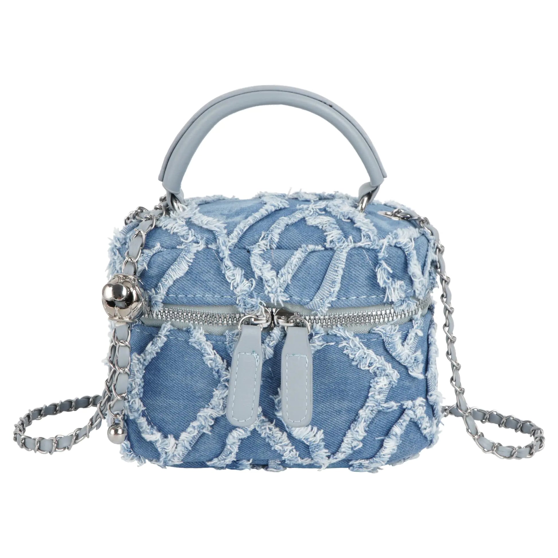 Women Denim Mini Bucket Shoulder Crossbody Bag Zipper Top Handle Quilted Distressed Barrel Shape Satchel Purse Blue - Buy That Thang