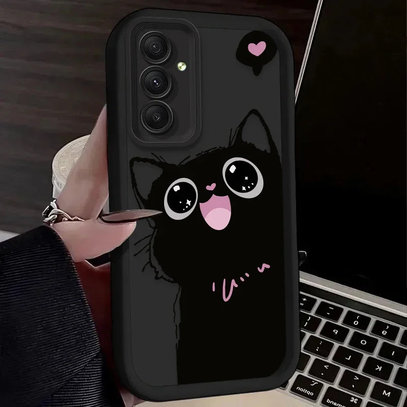 Lovely Black Cat Love Heart Phone Case For Samsung Galaxy A14 A15 5G S21 S22 S23 S24 FE Plus Ultra A25 A35 A52 A53 A54 A55 Cover