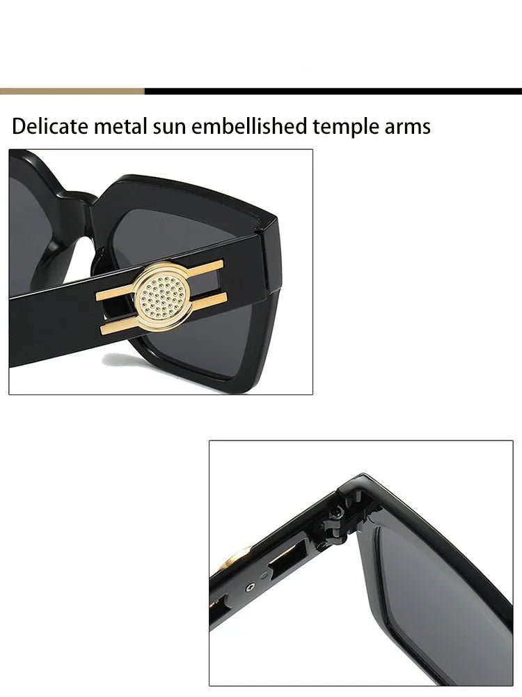 Women's Oversized Square Sunglasses 2026 Trending Black Thick Frame Gradient Purple Lenses Gold Sun Emblem Luxury Inspired UV400 - Buy That Thang