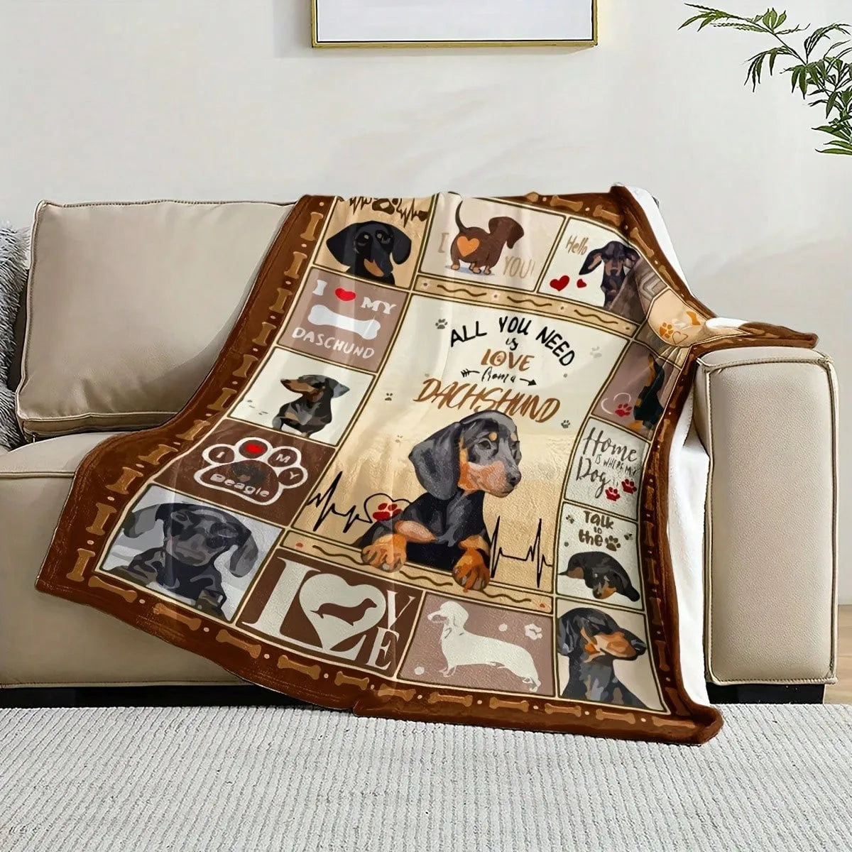 Dachshund Fleece Blanket many sizes 2D print cute doxie short hair thick flannel sofa bed office camping cozy warm