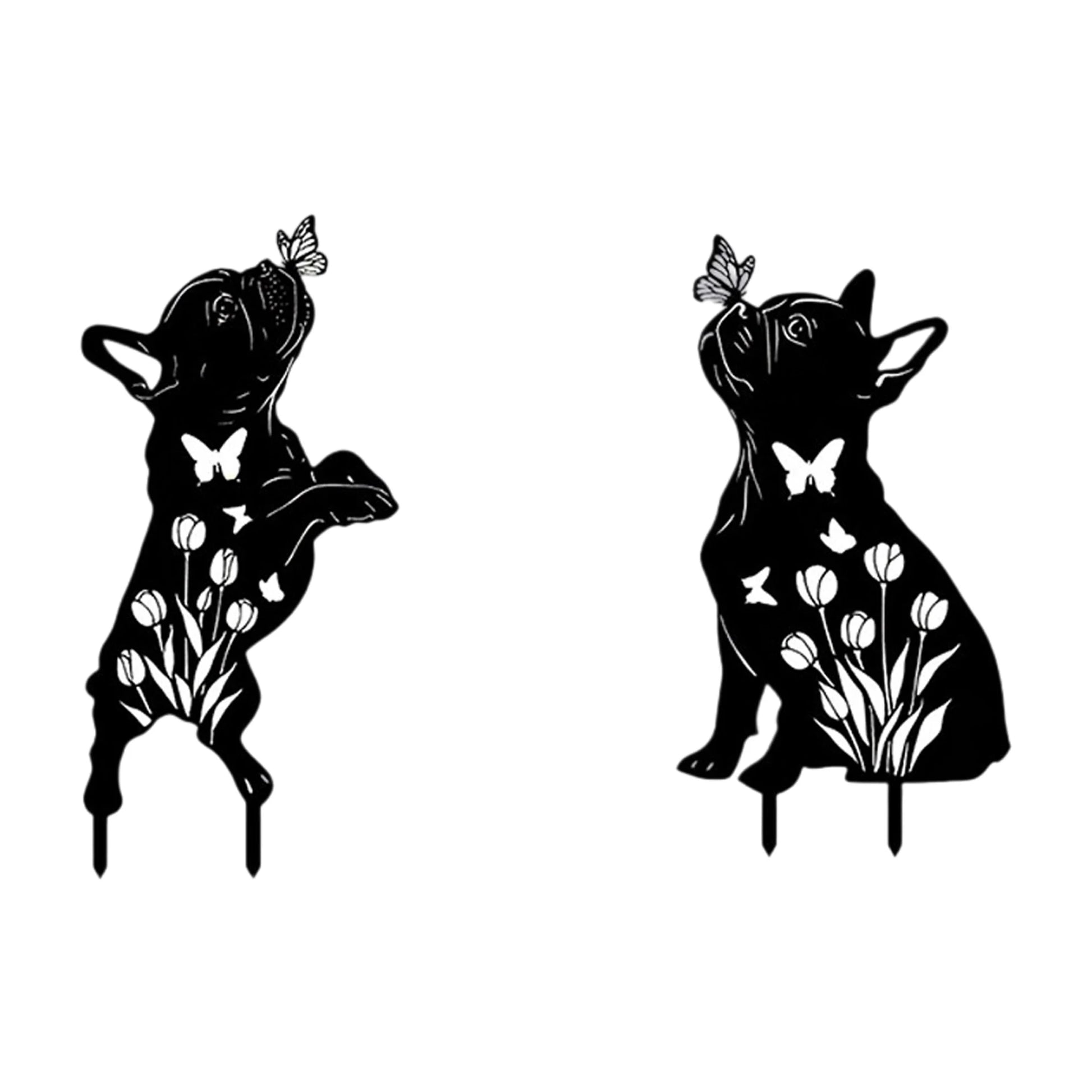 Set of 2 Rustic Metal Garden Stakes with Intricate Butterfly and Dog Silhouettes for Outdoor Yard Decor - Buy That Thang