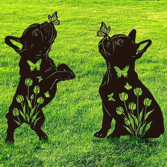 Set of 2 Rustic Metal Garden Stakes with Intricate Butterfly and Dog Silhouettes for Outdoor Yard Decor - Buy That Thang