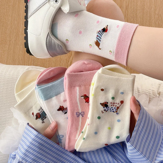 Cartoon Dachshund Women's Mid-Calf Socks Spring Summer Cotton Kawaii Cute Crew Socks Trendy Fashion Novelty Socks for Girls