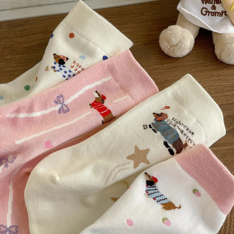 Cartoon Dachshund Women's Mid-Calf Socks Spring Summer Cotton Kawaii Cute Crew Socks Trendy Fashion Novelty Socks for Girls