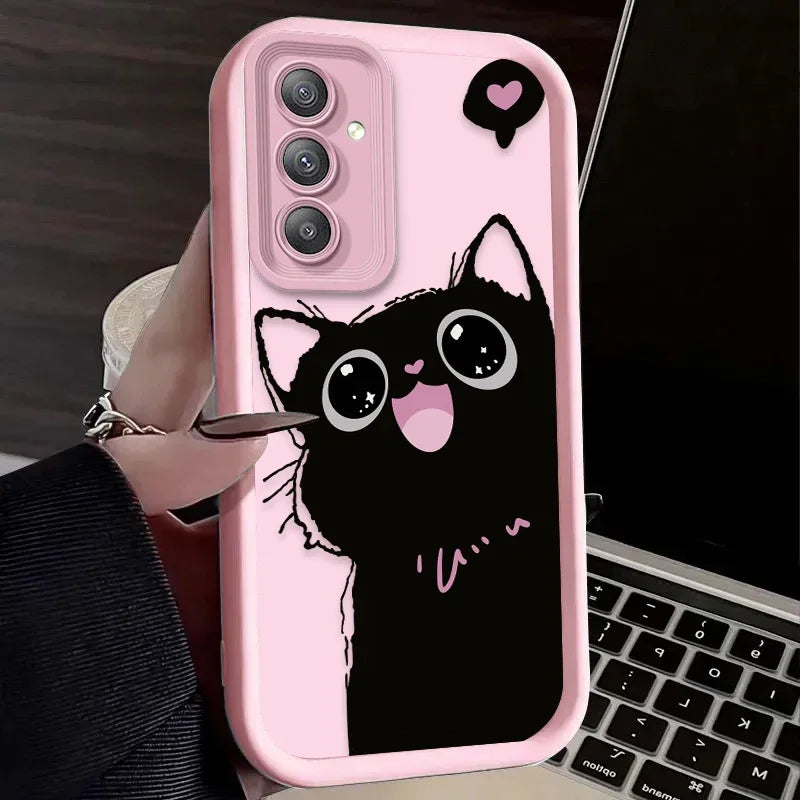 Lovely Black Cat Love Heart Phone Case For Samsung Galaxy A14 A15 5G S21 S22 S23 S24 FE Plus Ultra A25 A35 A52 A53 A54 A55 Cover