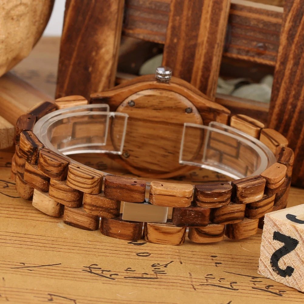 Zebrawood/Bamboo Watch Case Quartz Wristwatches for Women Arabic Numerals Round Dial Wooden Bangle Watch Band Ladies Watch Gift - Buy That Thang