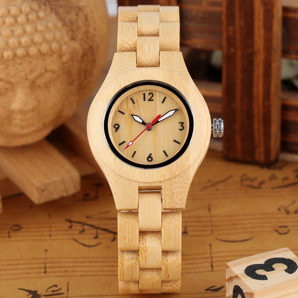Zebrawood/Bamboo Watch Case Quartz Wristwatches for Women Arabic Numerals Round Dial Wooden Bangle Watch Band Ladies Watch Gift - Buy That Thang