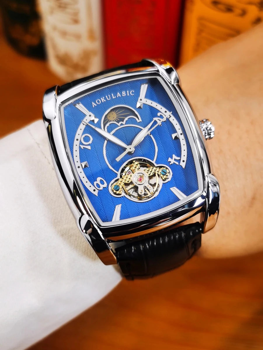Moon Phase Automatic Watch for Men Luxury Brand Tourbillon Skeleton Mechanical Watch Leather Belt - Buy That Thang