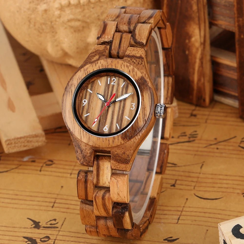 Zebrawood/Bamboo Watch Case Quartz Wristwatches for Women Arabic Numerals Round Dial Wooden Bangle Watch Band Ladies Watch Gift - Buy That Thang