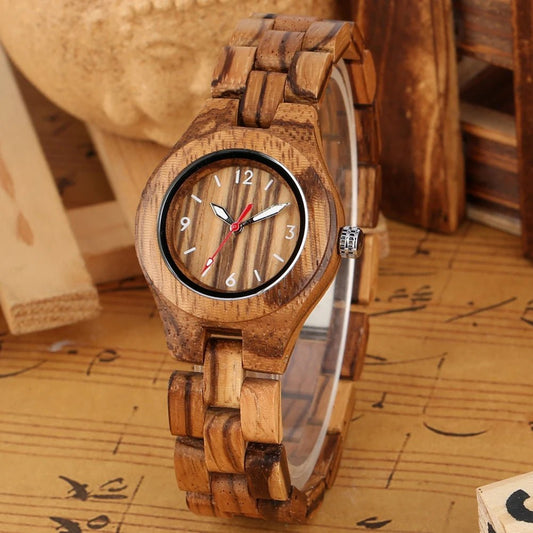 Zebrawood/Bamboo Watch Case Quartz Wristwatches for Women Arabic Numerals Round Dial Wooden Bangle Watch Band Ladies Watch Gift - Buy That Thang