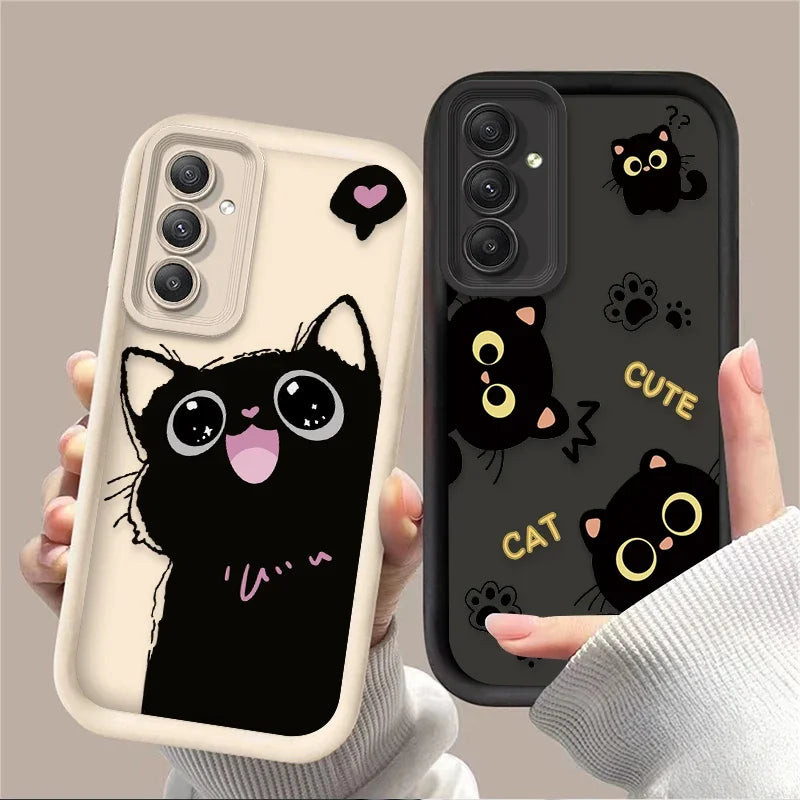 Lovely Black Cat Love Heart Phone Case For Samsung Galaxy A14 A15 5G S21 S22 S23 S24 FE Plus Ultra A25 A35 A52 A53 A54 A55 Cover