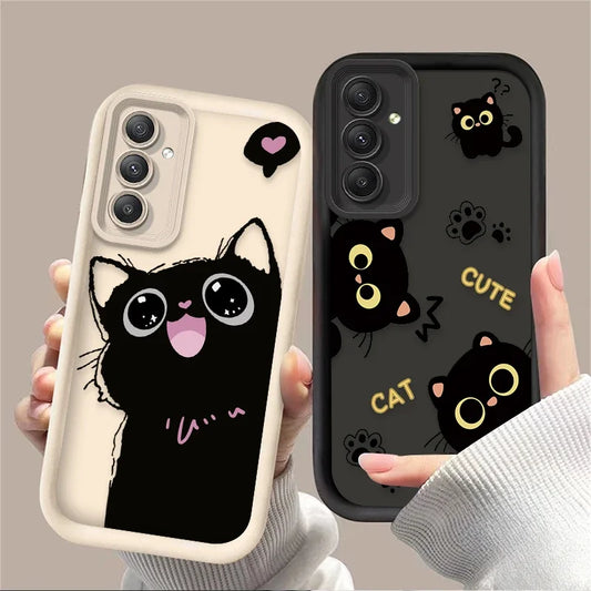 Lovely Black Cat Love Heart Phone Case For Samsung Galaxy A14 A15 5G S21 S22 S23 S24 FE Plus Ultra A25 A35 A52 A53 A54 A55 Cover