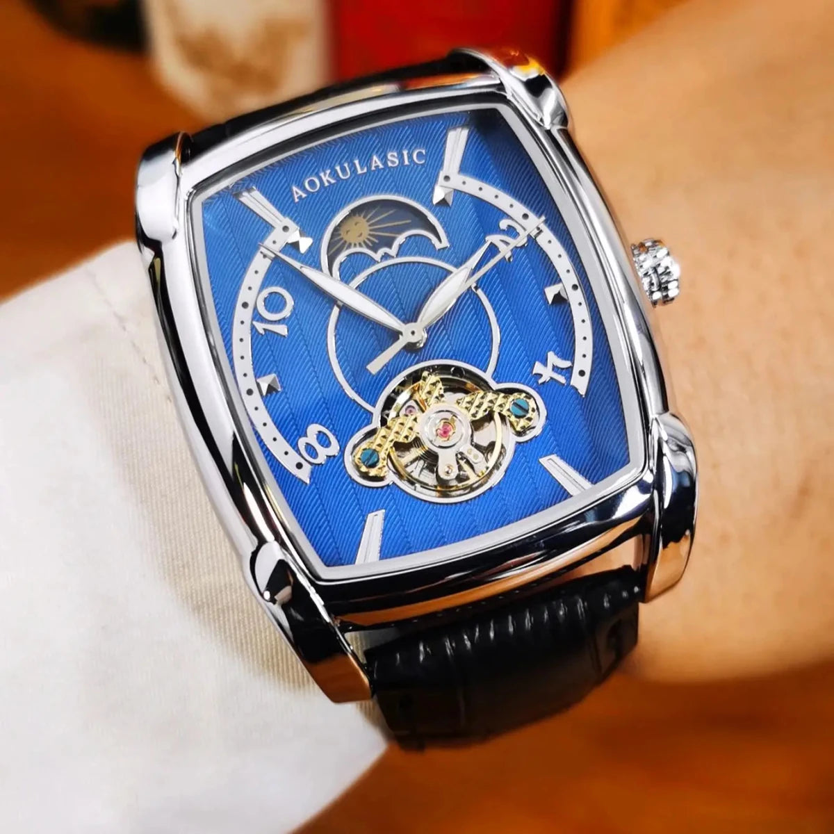 Moon Phase Automatic Watch for Men Luxury Brand Tourbillon Skeleton Mechanical Watch Leather Belt - Buy That Thang