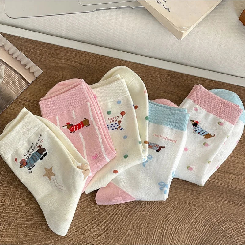Cartoon Dachshund Women's Mid-Calf Socks Spring Summer Cotton Kawaii Cute Crew Socks Trendy Fashion Novelty Socks for Girls