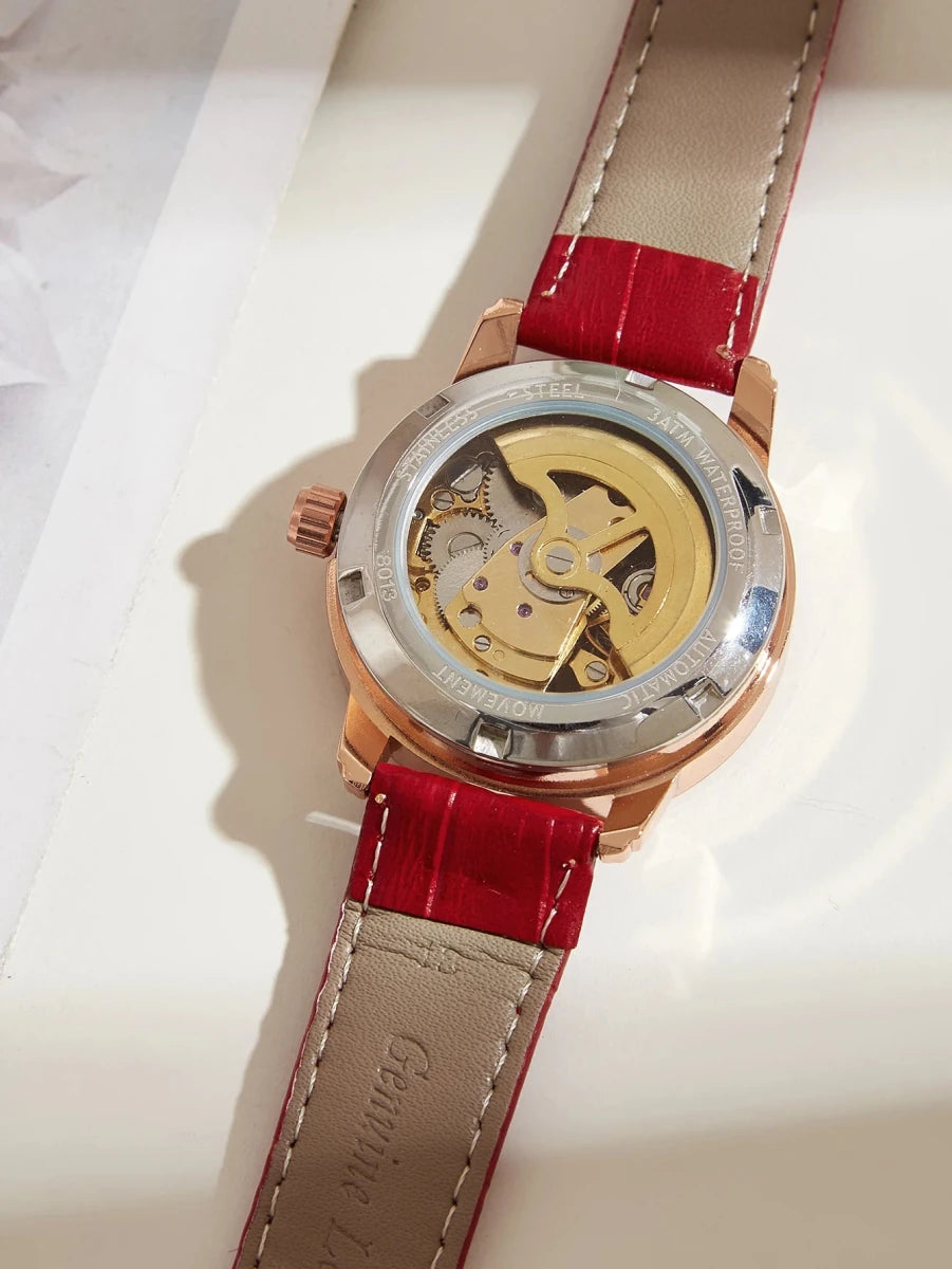 Women automatic watch elegant diamond skeleton fashion cute mechanical watches leather dainty waterproof luxury gifts - Buy That Thang