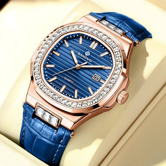LIGE BANGWEI Women Watch Fashion Blue Leather Waterproof Luminous Watches For Women Simple Elegant Square Quartz Chronograph - Buy That Thang