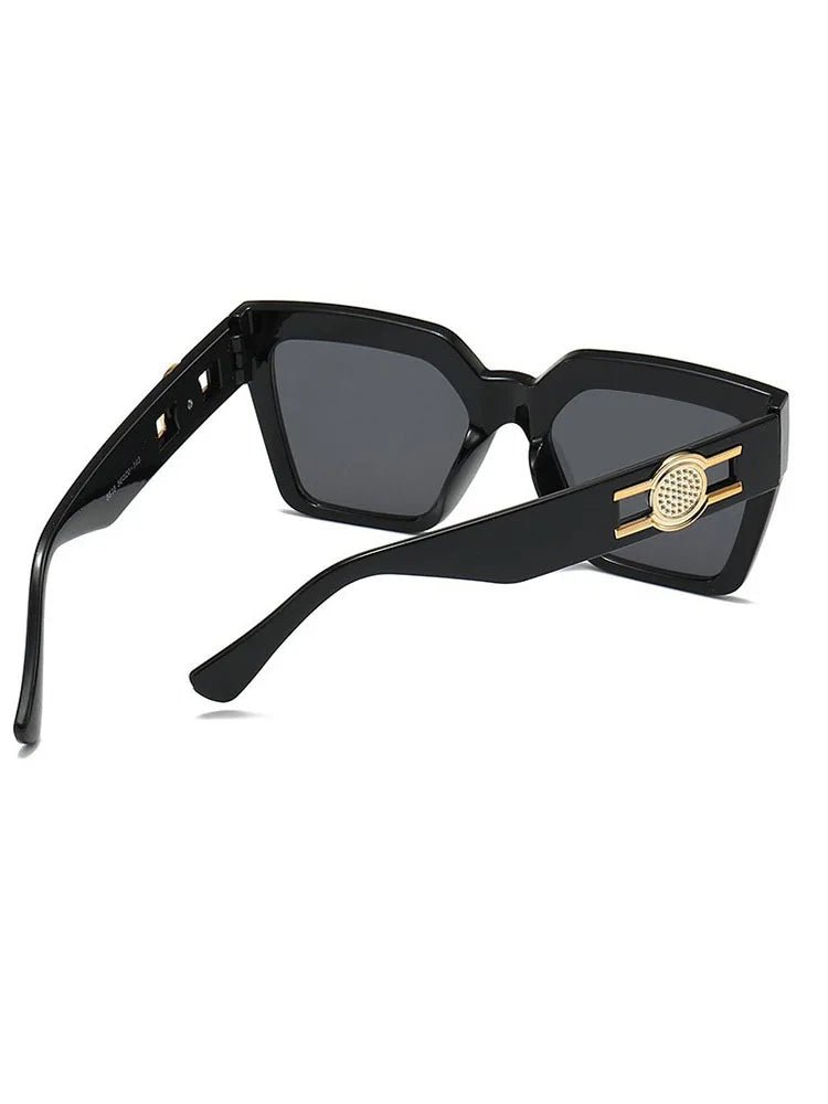 Women's Oversized Square Sunglasses 2026 Trending Black Thick Frame Gradient Purple Lenses Gold Sun Emblem Luxury Inspired UV400 - Buy That Thang
