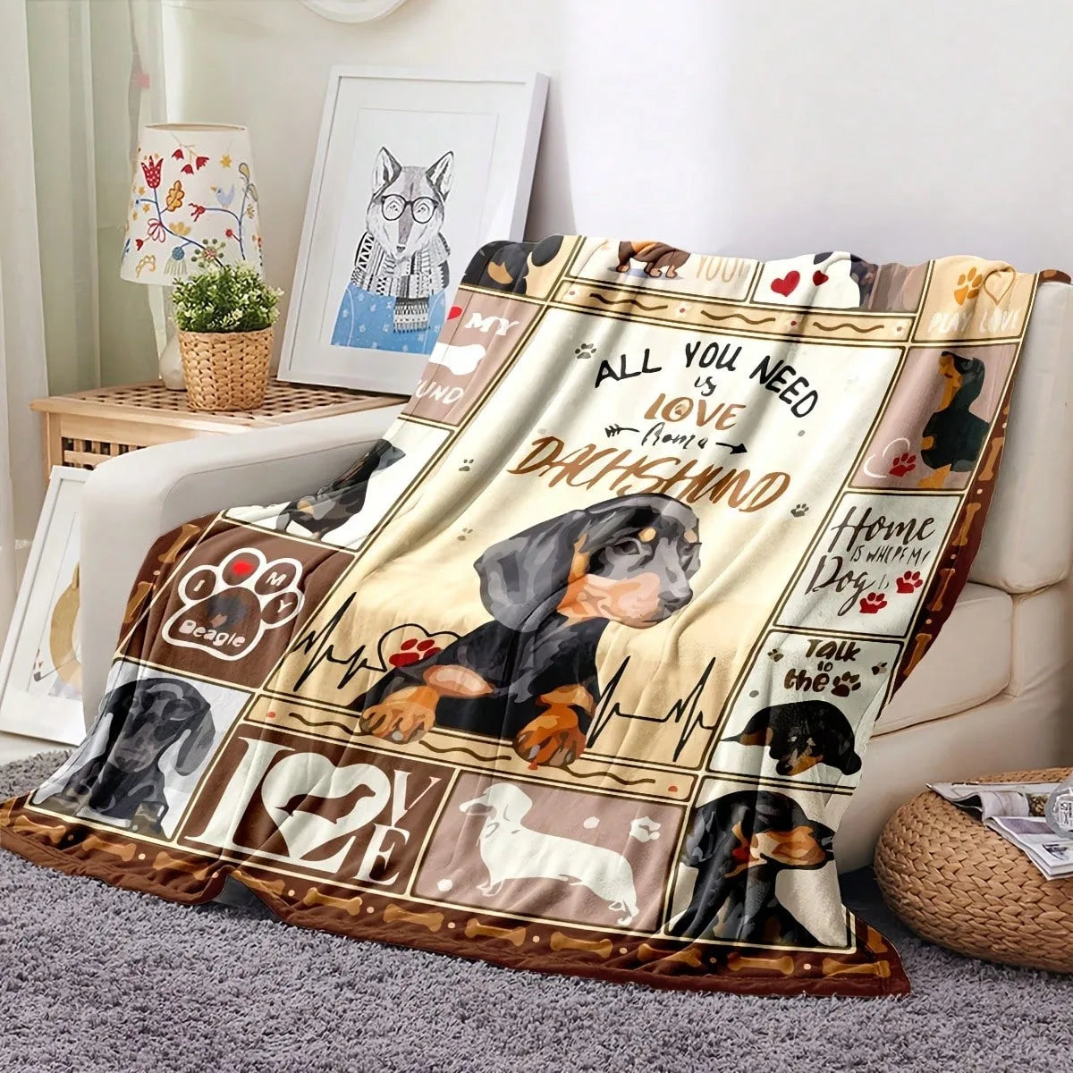 Dachshund Fleece Blanket many sizes 2D print cute doxie short hair thick flannel sofa bed office camping cozy warm
