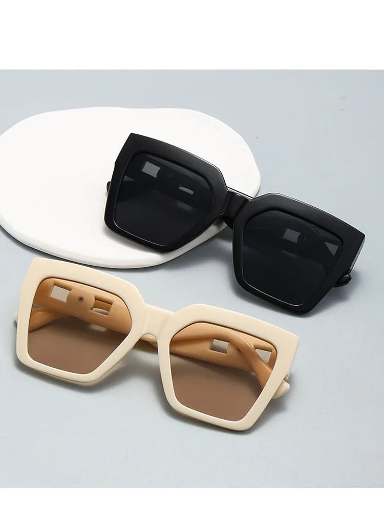 Women's Oversized Square Sunglasses 2026 Trending Black Thick Frame Gradient Purple Lenses Gold Sun Emblem Luxury Inspired UV400 - Buy That Thang