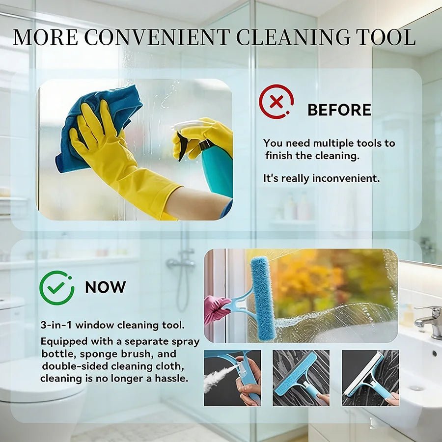 3 - in - 1 Multifunctional Glass Cleaner Squeegee with Spray Bottle, Car Windshield Window Wiper for Home & Auto Glass Washing Tool - Buy That Thang