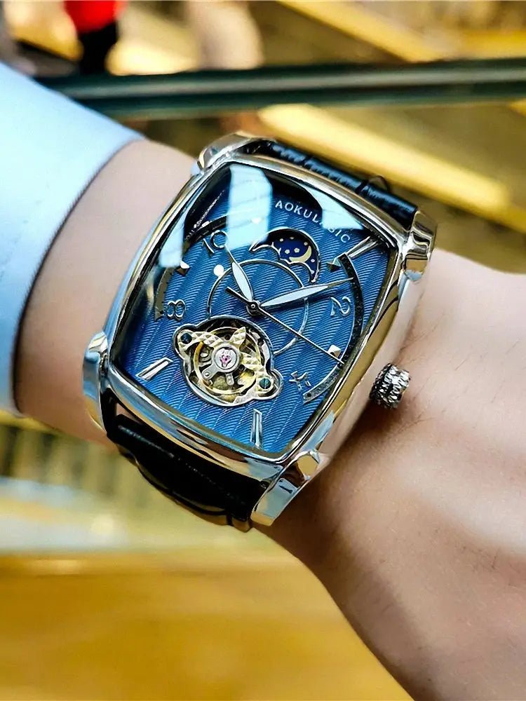 Moon Phase Automatic Watch for Men Luxury Brand Tourbillon Skeleton Mechanical Watch Leather Belt - Buy That Thang