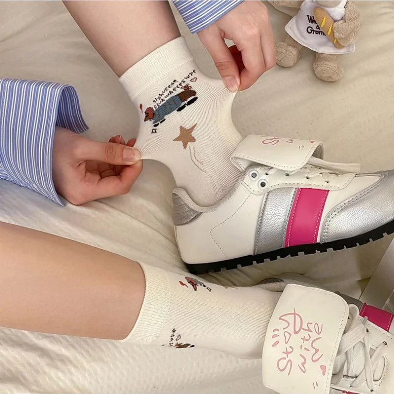 Cartoon Dachshund Women's Mid-Calf Socks Spring Summer Cotton Kawaii Cute Crew Socks Trendy Fashion Novelty Socks for Girls