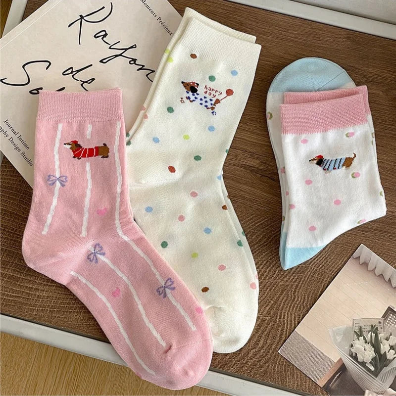 Cartoon Dachshund Women's Mid-Calf Socks Spring Summer Cotton Kawaii Cute Crew Socks Trendy Fashion Novelty Socks for Girls