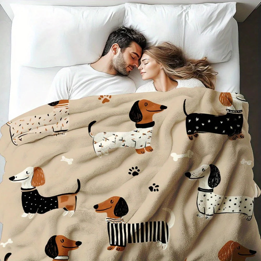 1 Dachshund Print Flannel Blanket - Brown, Black, and White Comfortable Dog Pattern for Home or Travel, Suitable for All Seasons