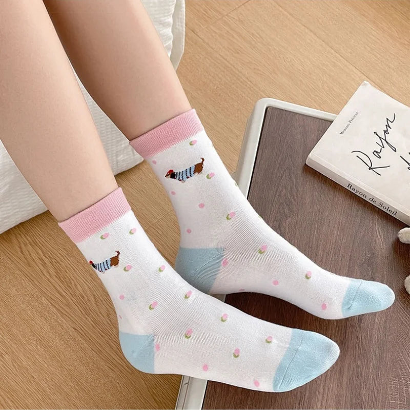 Cartoon Dachshund Women's Mid-Calf Socks Spring Summer Cotton Kawaii Cute Crew Socks Trendy Fashion Novelty Socks for Girls