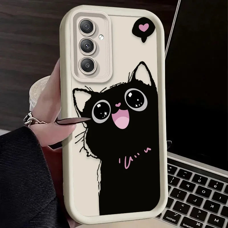 Lovely Black Cat Love Heart Phone Case For Samsung Galaxy A14 A15 5G S21 S22 S23 S24 FE Plus Ultra A25 A35 A52 A53 A54 A55 Cover
