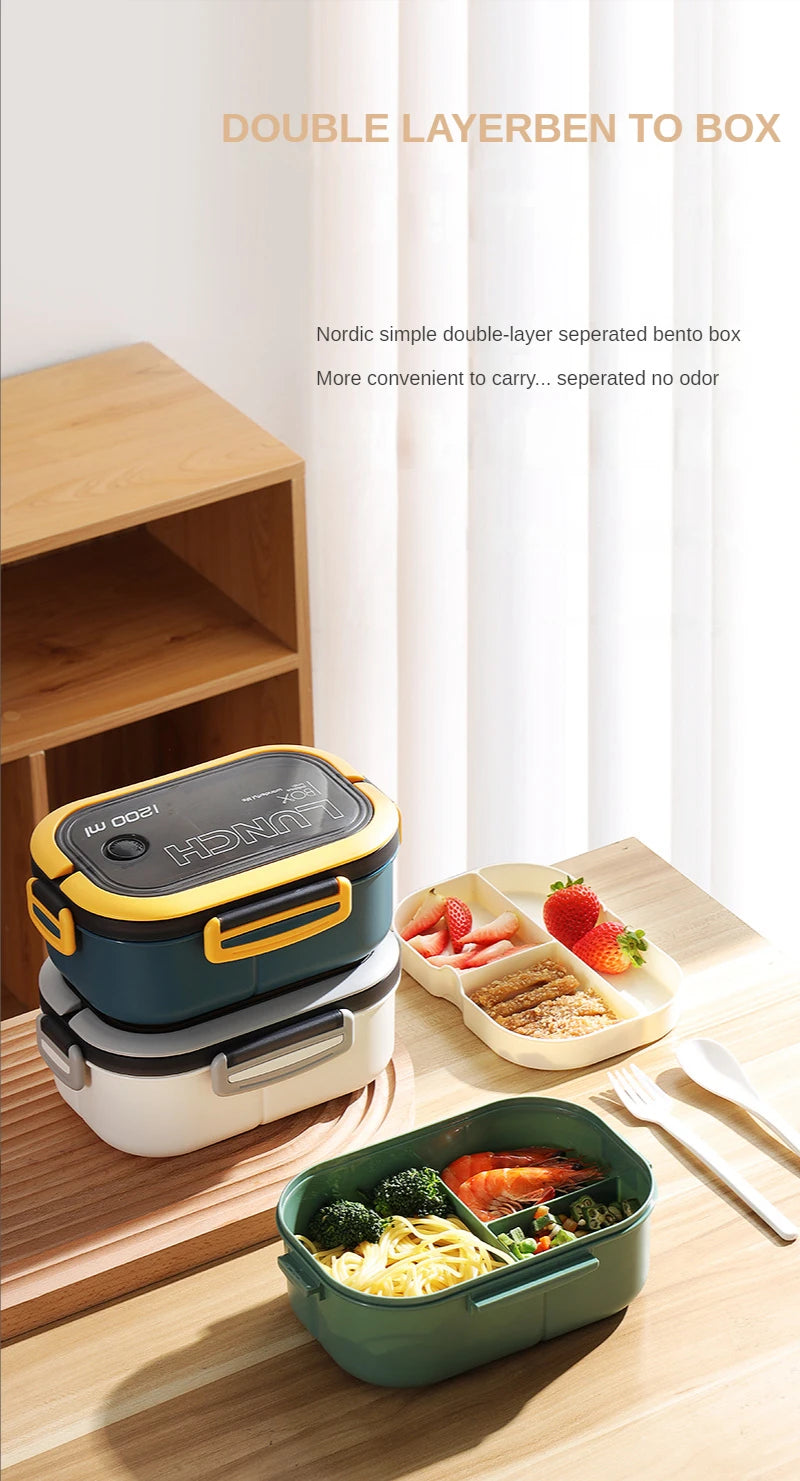 1200ML 2 Layer Bento Lunch Box With Spoon Fork, Kid High Capacity Microwae Food Containers Portable Leakproof Office Camping - Buy That Thang