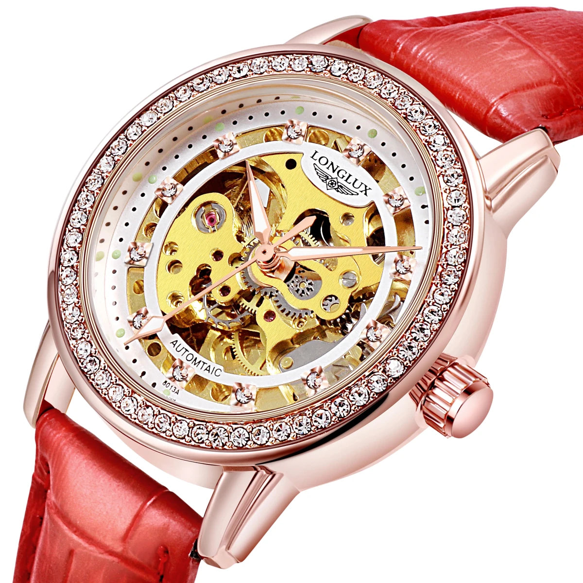 Women automatic watch elegant diamond skeleton fashion cute mechanical watches leather dainty waterproof luxury gifts - Buy That Thang