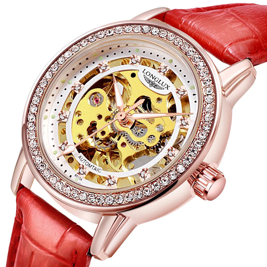 Women automatic watch elegant diamond skeleton fashion cute mechanical watches leather dainty waterproof luxury gifts - Buy That Thang