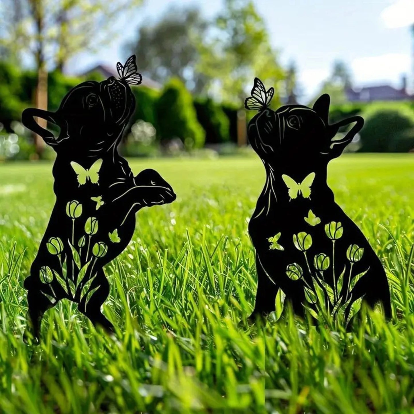Set of 2 Rustic Metal Garden Stakes with Intricate Butterfly and Dog Silhouettes for Outdoor Yard Decor - Buy That Thang