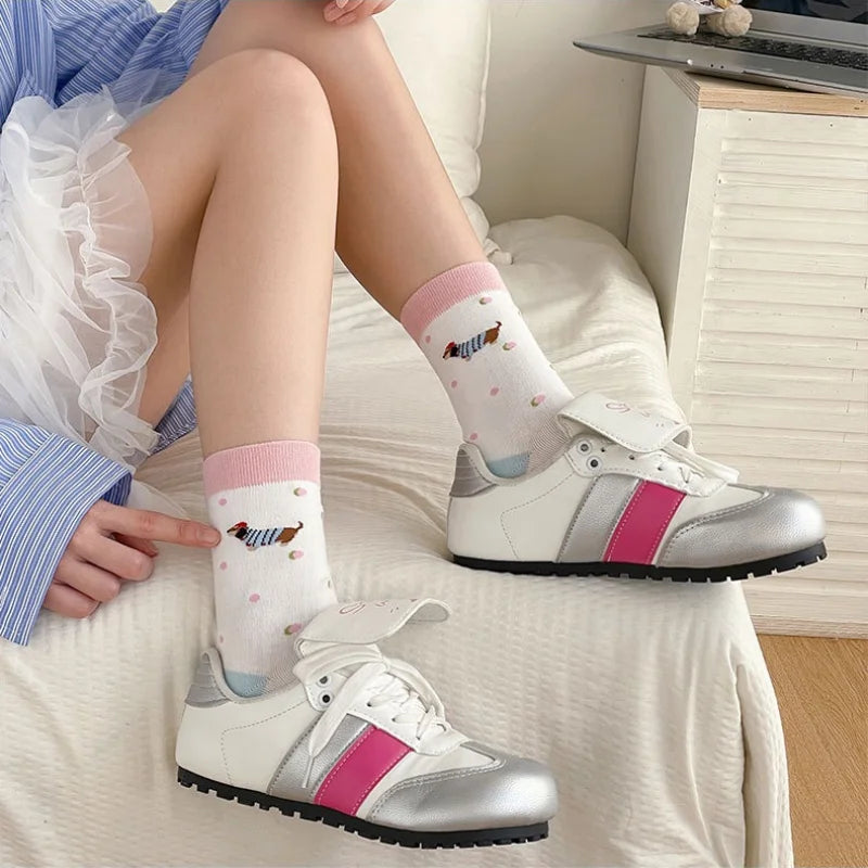 Cartoon Dachshund Women's Mid-Calf Socks Spring Summer Cotton Kawaii Cute Crew Socks Trendy Fashion Novelty Socks for Girls