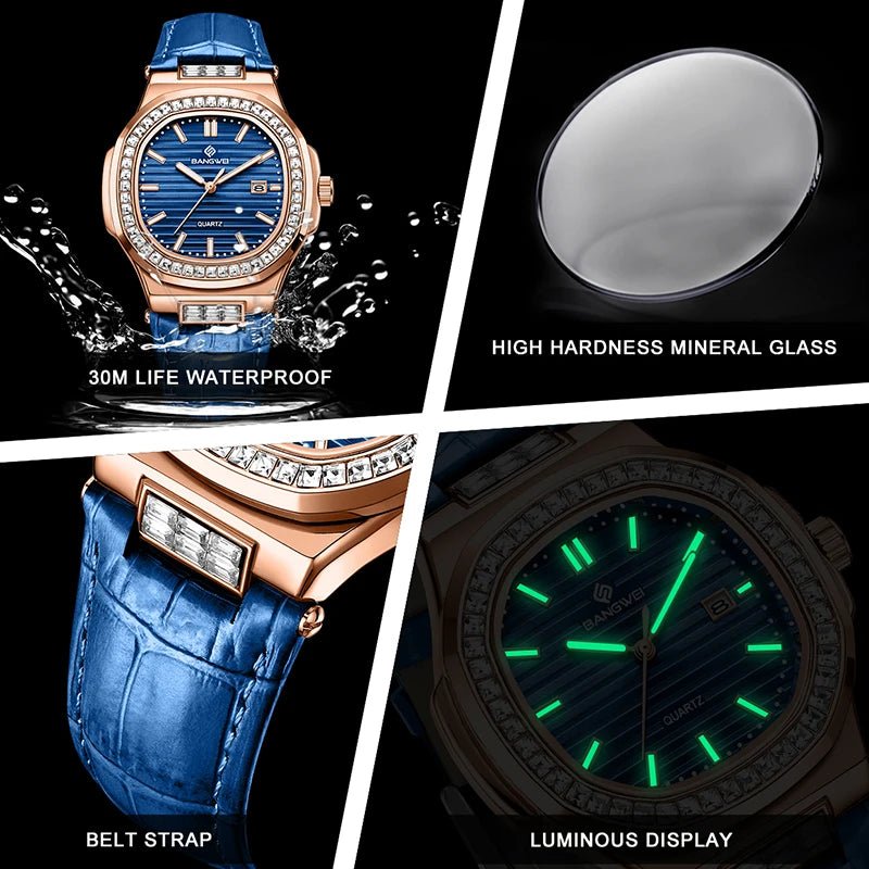 LIGE BANGWEI Women Watch Fashion Blue Leather Waterproof Luminous Watches For Women Simple Elegant Square Quartz Chronograph - Buy That Thang