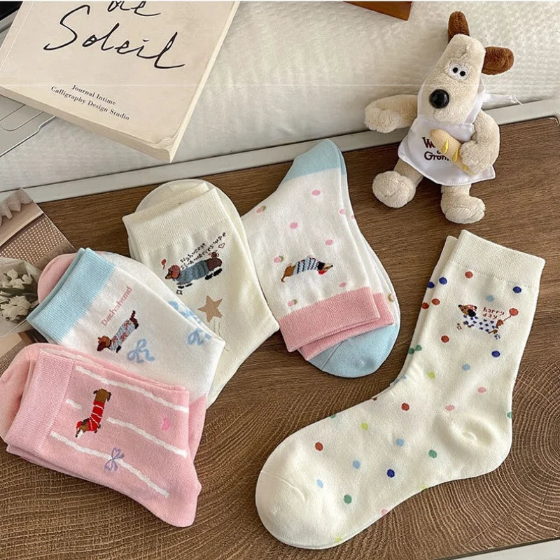 Cartoon Dachshund Women's Mid-Calf Socks Spring Summer Cotton Kawaii Cute Crew Socks Trendy Fashion Novelty Socks for Girls