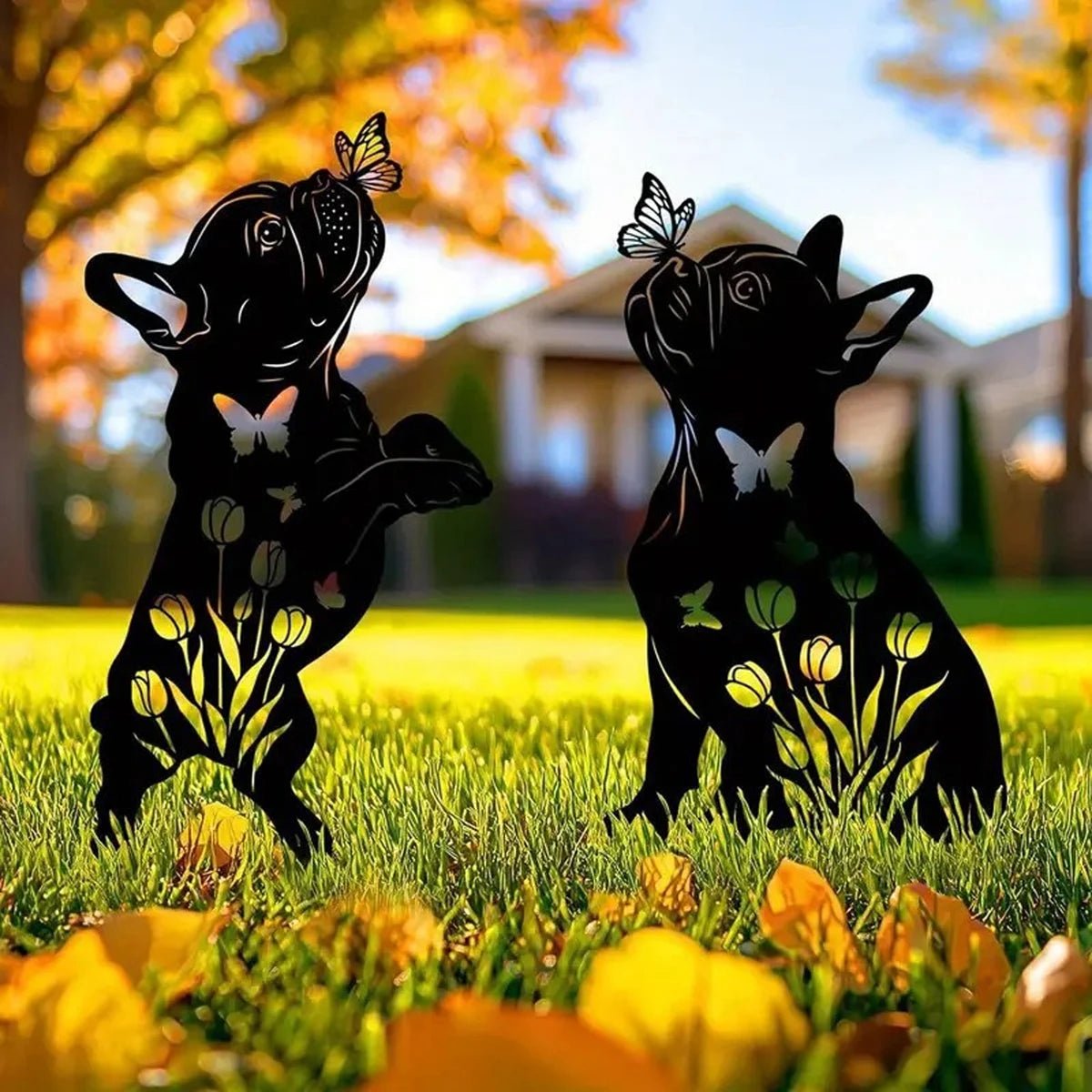 Set of 2 Rustic Metal Garden Stakes with Intricate Butterfly and Dog Silhouettes for Outdoor Yard Decor - Buy That Thang
