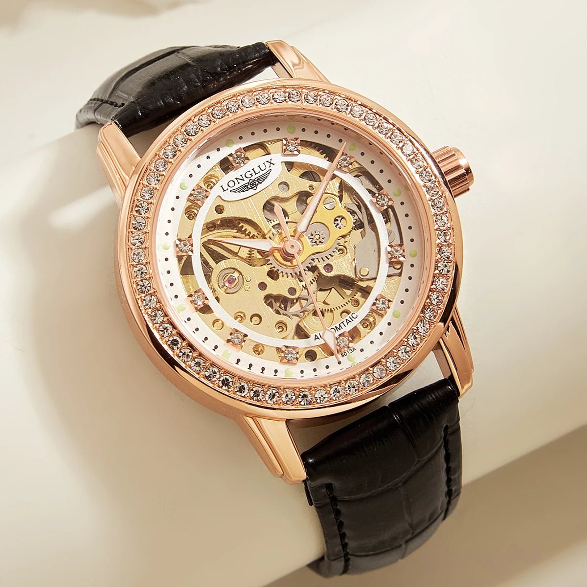 Women automatic watch elegant diamond skeleton fashion cute mechanical watches leather dainty waterproof luxury gifts - Buy That Thang