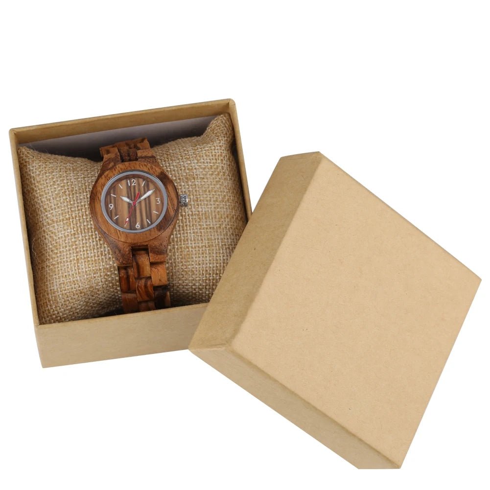 Zebrawood/Bamboo Watch Case Quartz Wristwatches for Women Arabic Numerals Round Dial Wooden Bangle Watch Band Ladies Watch Gift - Buy That Thang