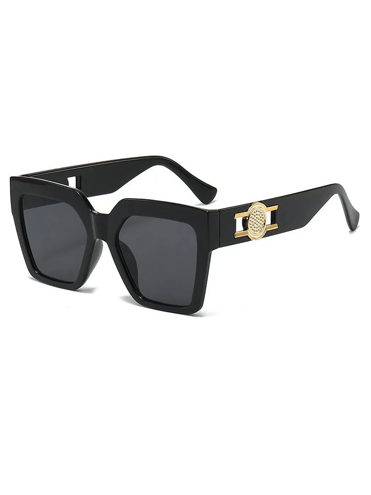 Women's Oversized Square Sunglasses 2026 Trending Black Thick Frame Gradient Purple Lenses Gold Sun Emblem Luxury Inspired UV400 - Buy That Thang