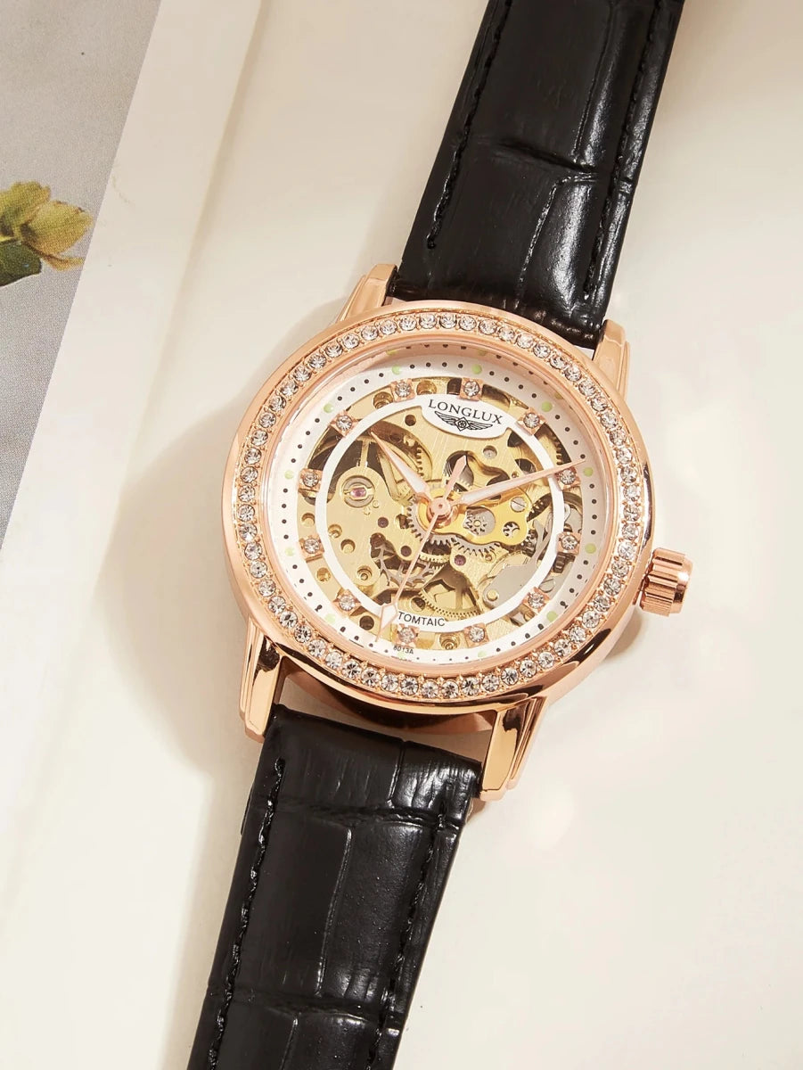 Women automatic watch elegant diamond skeleton fashion cute mechanical watches leather dainty waterproof luxury gifts - Buy That Thang